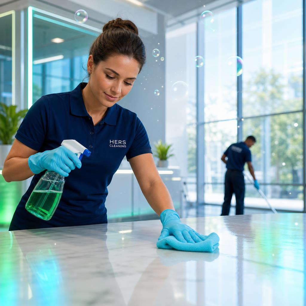 Equipo HERS Cleaning en acción desinfectando superficies profesionalmente