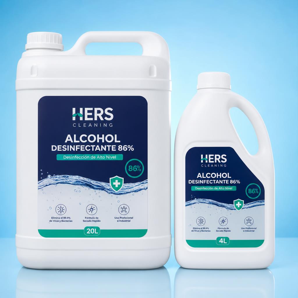 Alcohol Desinfectante 86% — presentaciones galón 4 L y garrafa 20 L de HERS Cleaning