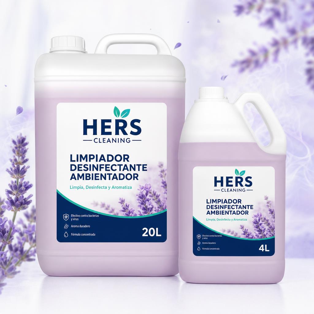 Limpiador Desinfectante Ambientador — presentaciones galón 4 L y garrafa 20 L de HERS Cleaning